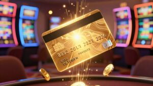 Золотая карта с потоками монет на фоне казино с быстрыми выплатами на карту
